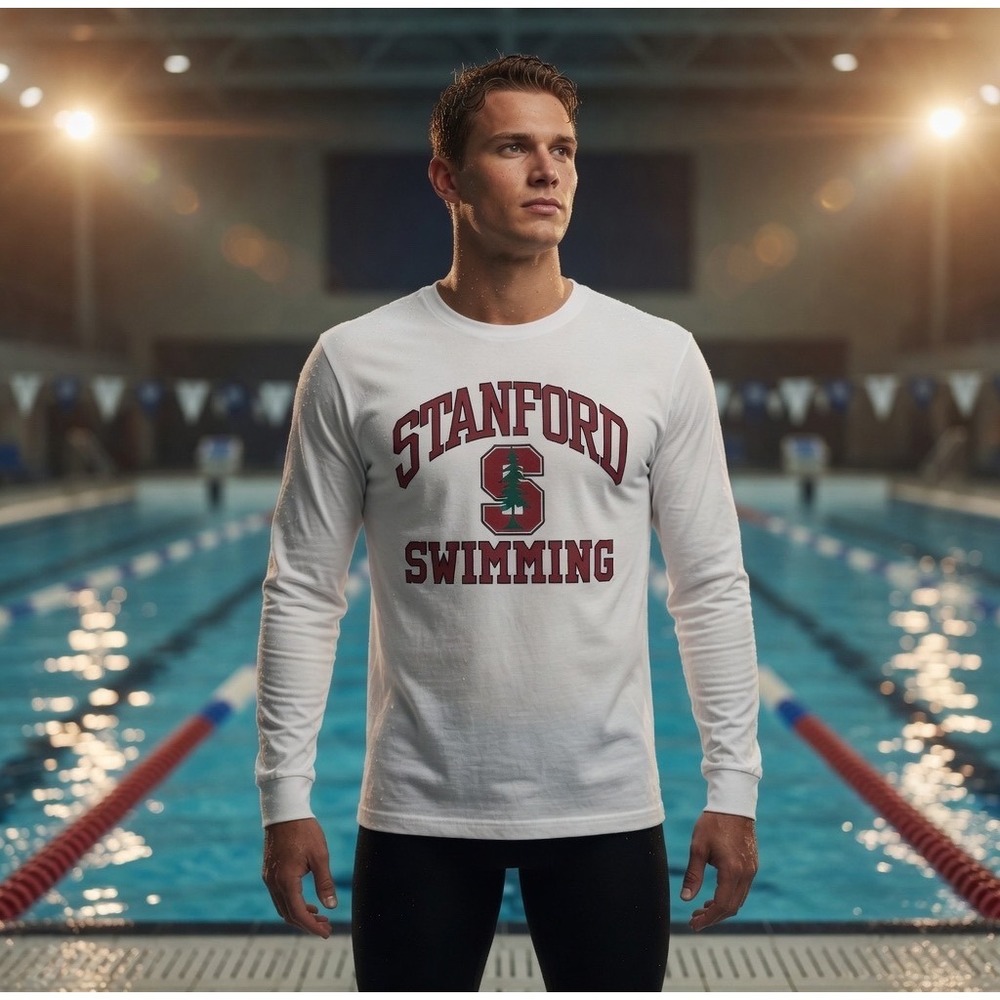 Vintage Stanford Swimming Long Sleeve Shirt Mens Large White Mock Neck USA Made